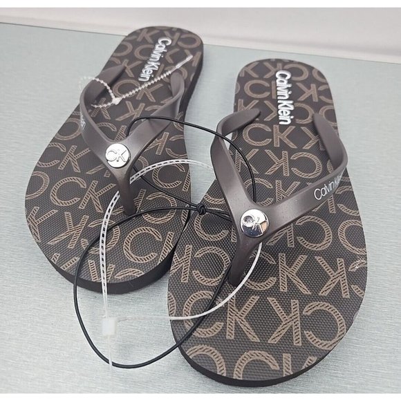 Women’s Sandals Flipflops  Size 6M Calvin klein  Brown Multi Logo Print - Picture 7 of 8